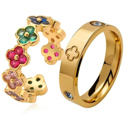 Ring Set - Fleur Élégante – Zirkon mit Kleeblatt-Design