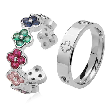 Ring Set - Fleur Élégante – Zirkon mit Kleeblatt-Design