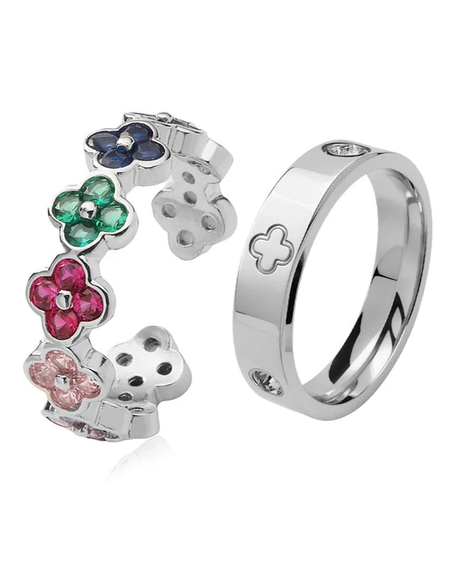 Ring Set - Fleur Élégante – Zirkon mit Kleeblatt-Design